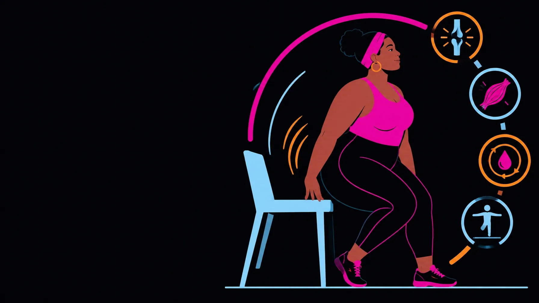 Minimalist vector illustration of a fuller-bodied woman practicing adaptive movement against a dark background